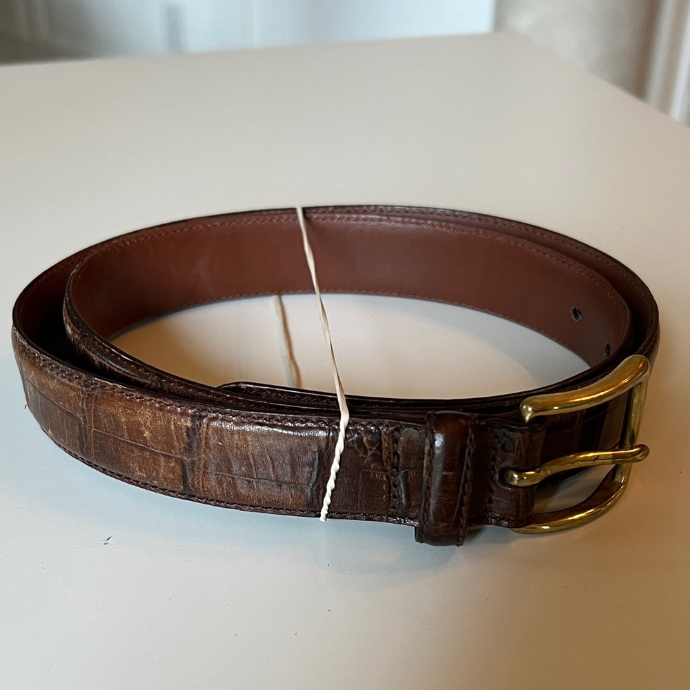 PRELOVED Italian Crocodile calf Genuine Brown Leather Men Belt with Brass Buckle